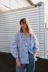 Pinstripe Cotton Embroidered Shirt | Blue