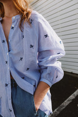 Pinstripe Cotton Embroidered Shirt | Blue