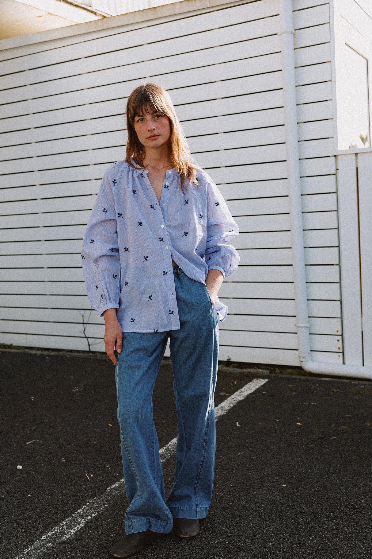 Pinstripe Cotton Embroidered Shirt | Blue