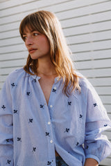 Pinstripe Cotton Embroidered Shirt | Blue