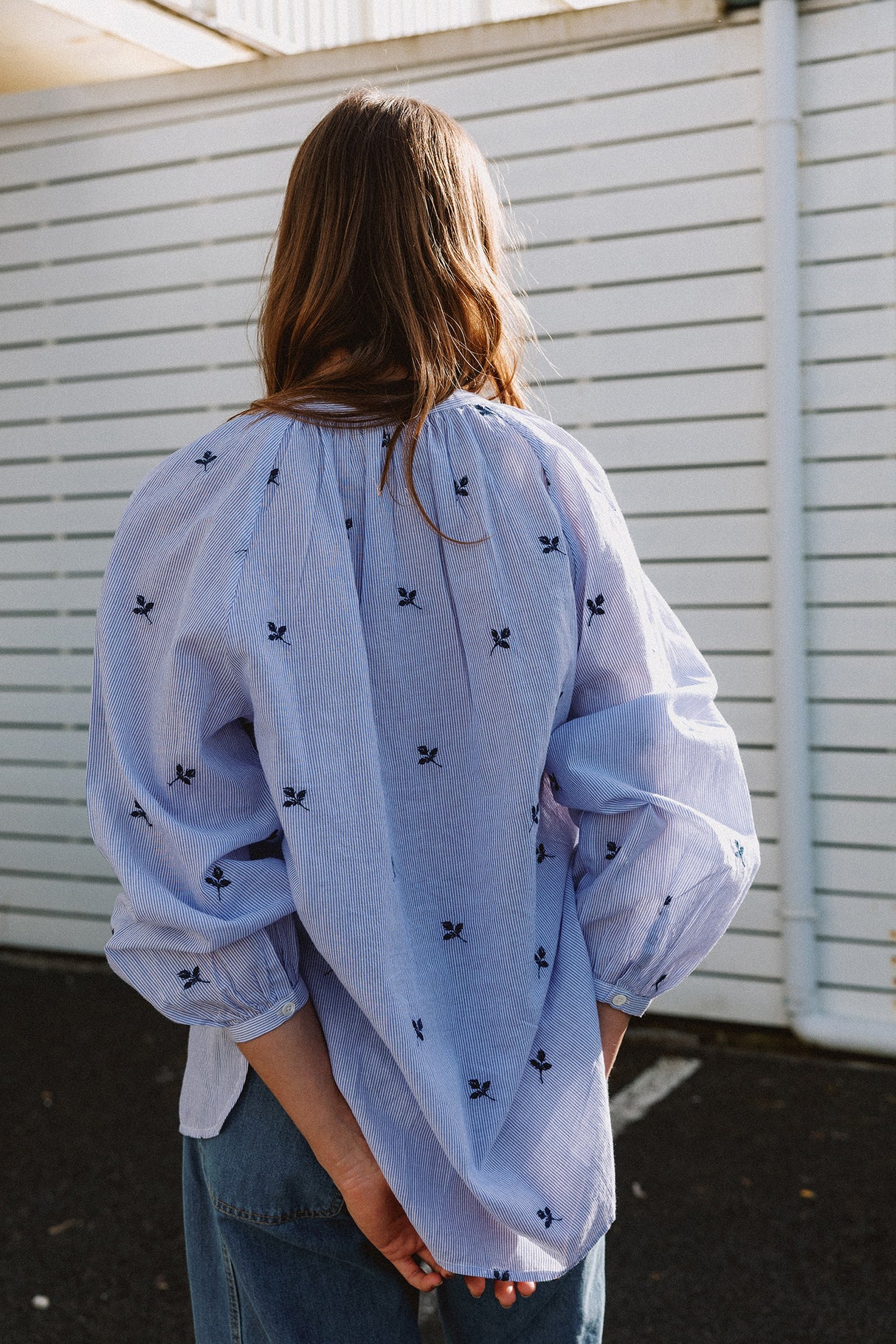 Pinstripe Cotton Embroidered Shirt | Blue
