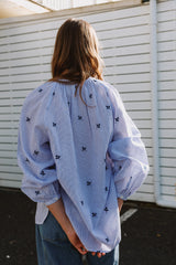 Pinstripe Cotton Embroidered Shirt | Blue