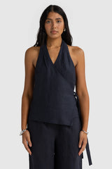 Elise Linen Wrap Top | French Navy