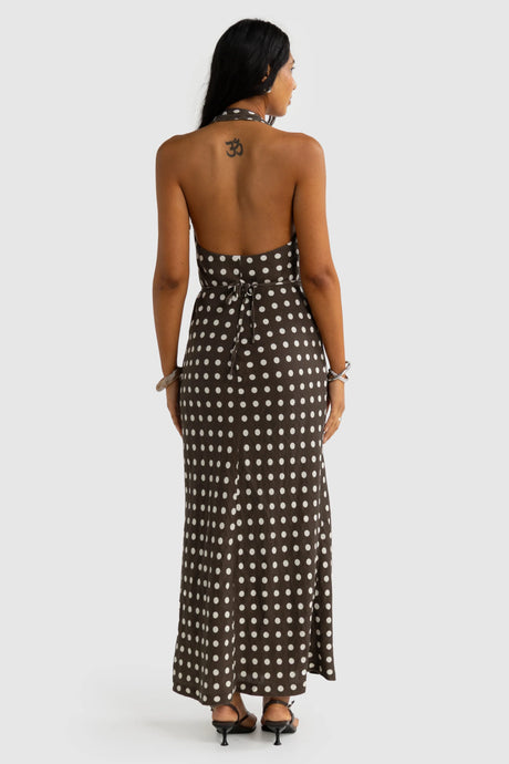 Elise Linen Wrap Full Length Dress | Carob Polkadot