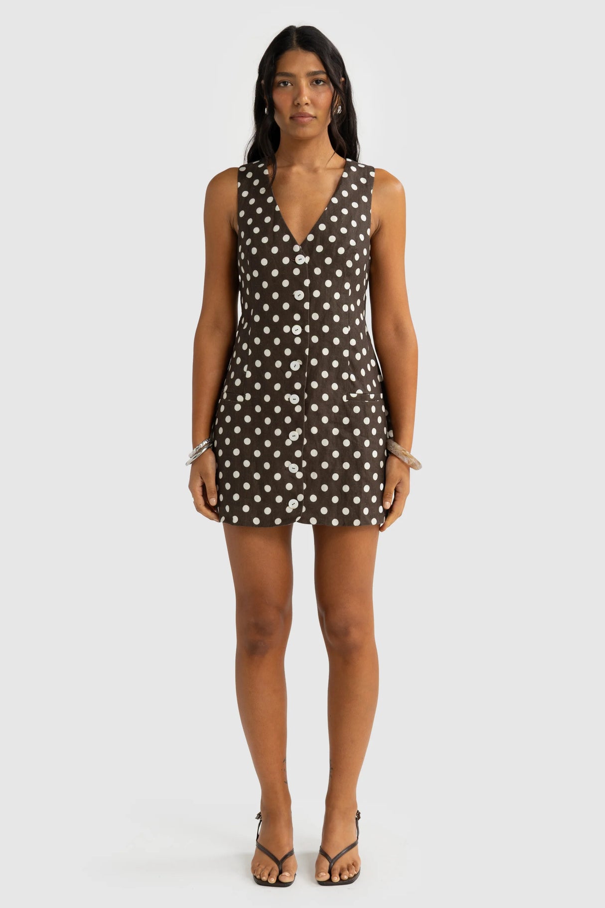 Koda Linen Mini Dress | Carob Polkadot