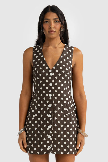 Koda Linen Mini Dress | Carob Polkadot