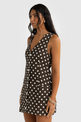 Koda Linen Mini Dress | Carob Polkadot