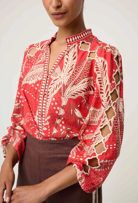 Audrey Placement Embroidered Viscose Faille Blouse | Crimson Palms