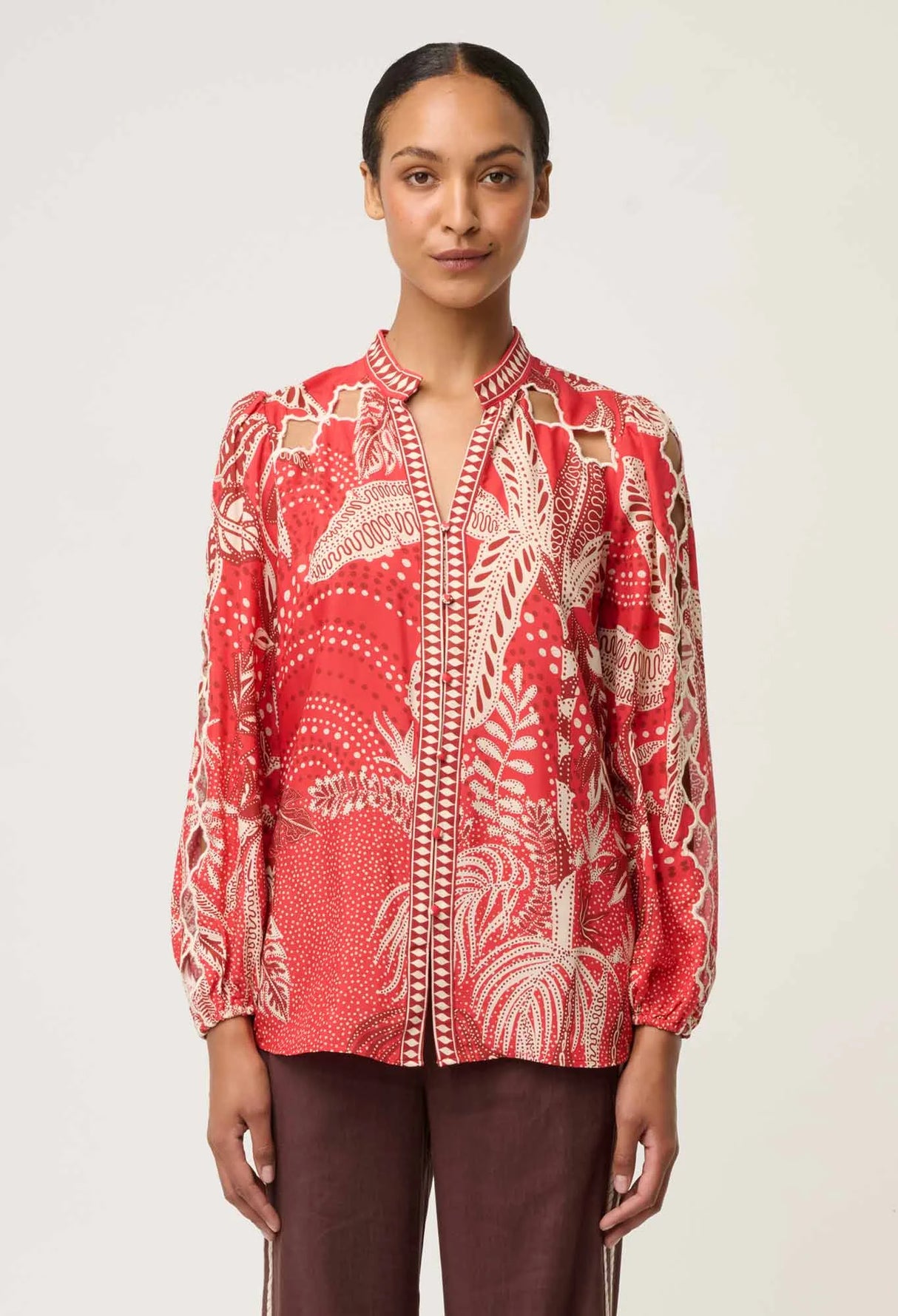 Audrey Placement Embroidered Viscose Faille Blouse | Crimson Palms