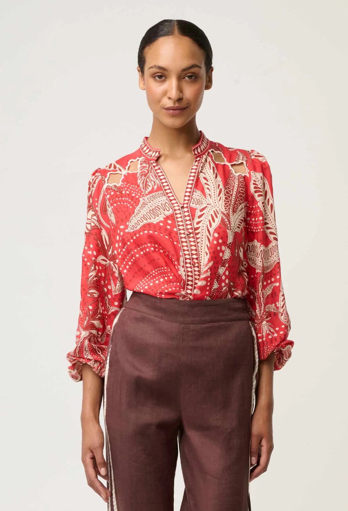 Audrey Placement Embroidered Viscose Faille Blouse | Crimson Palms