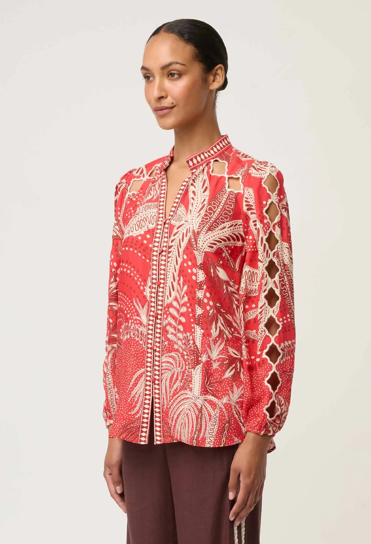 Audrey Placement Embroidered Viscose Faille Blouse | Crimson Palms