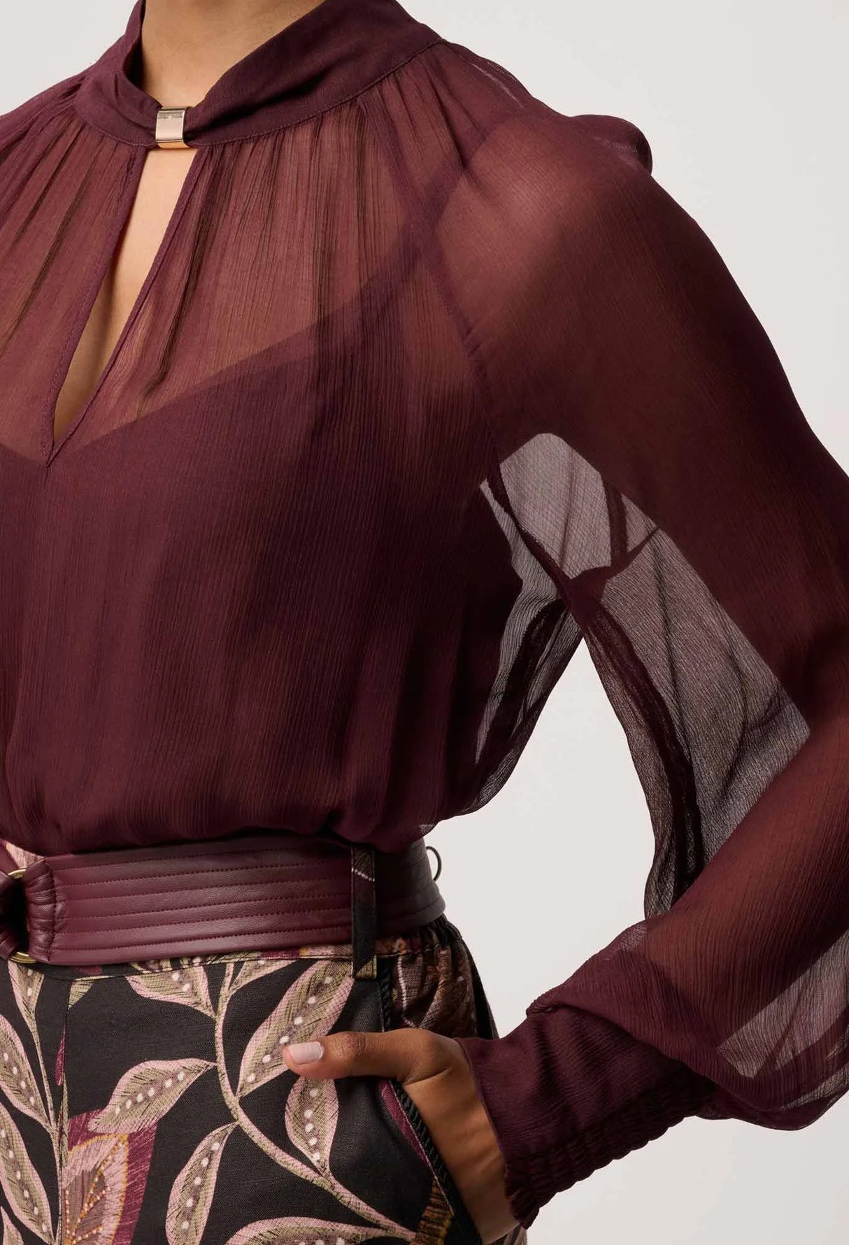 Simona Sheer Viscose Gold Detail Blouse | bordeaux