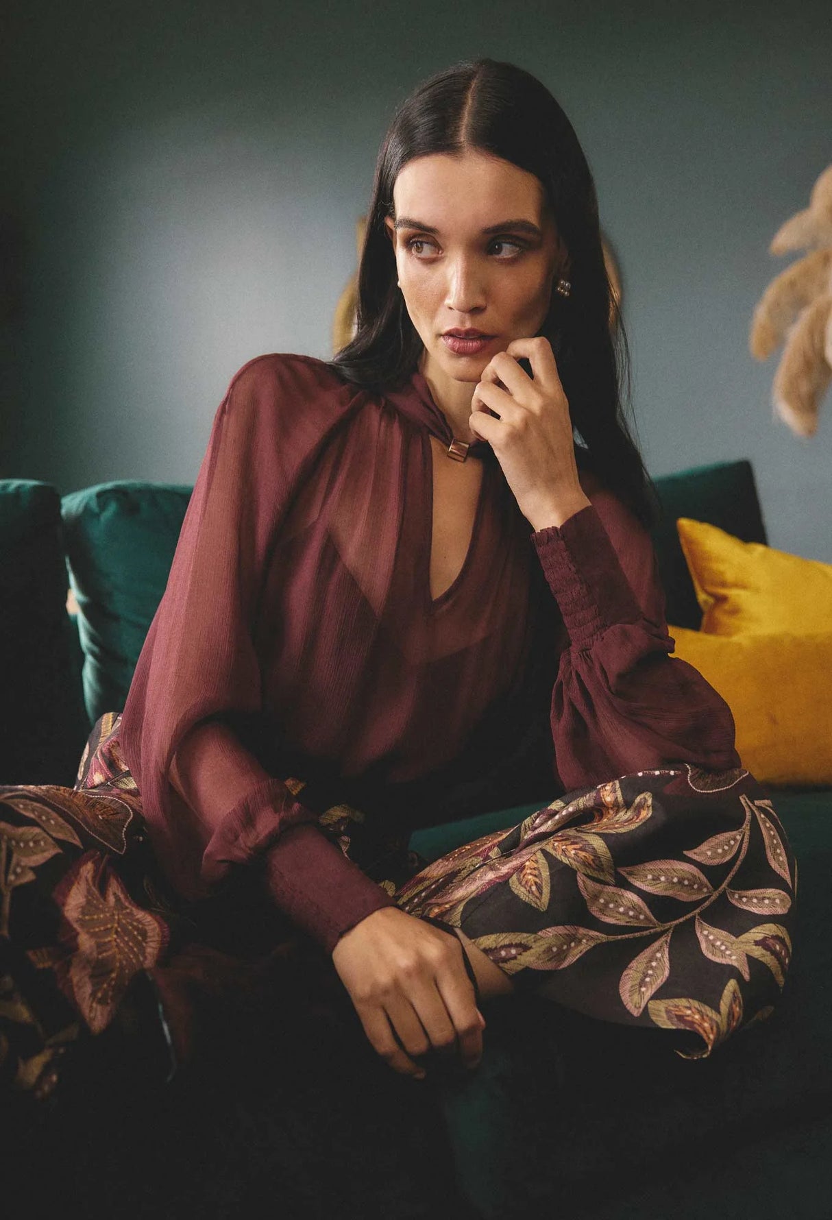 Simona Sheer Viscose Gold Detail Blouse | bordeaux