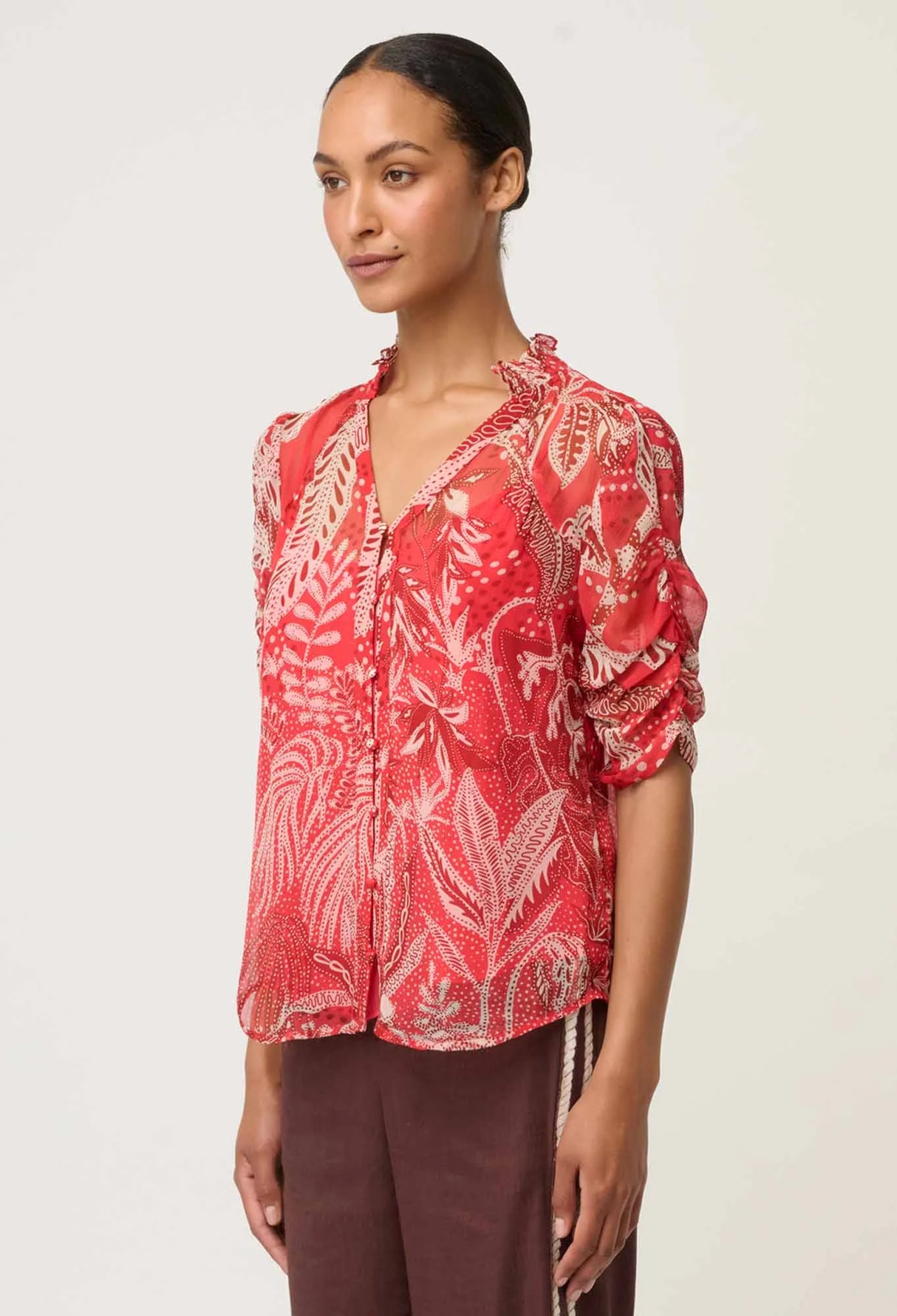 Lunette Viscose Chiffon Ruched Sleeve Blouse | Crimson Palms