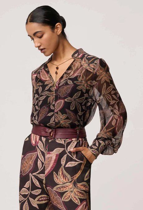 Freya Sheer Viscose Blouse with Embelished Neck Detail | Dark Tropique