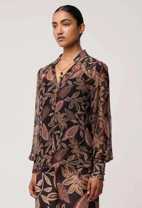 Freya Sheer Viscose Blouse with Embelished Neck Detail | Dark Tropique