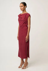 Monique Draped Neck Cupro Viscose Stretch Gold Detail Column Dress | Ruby