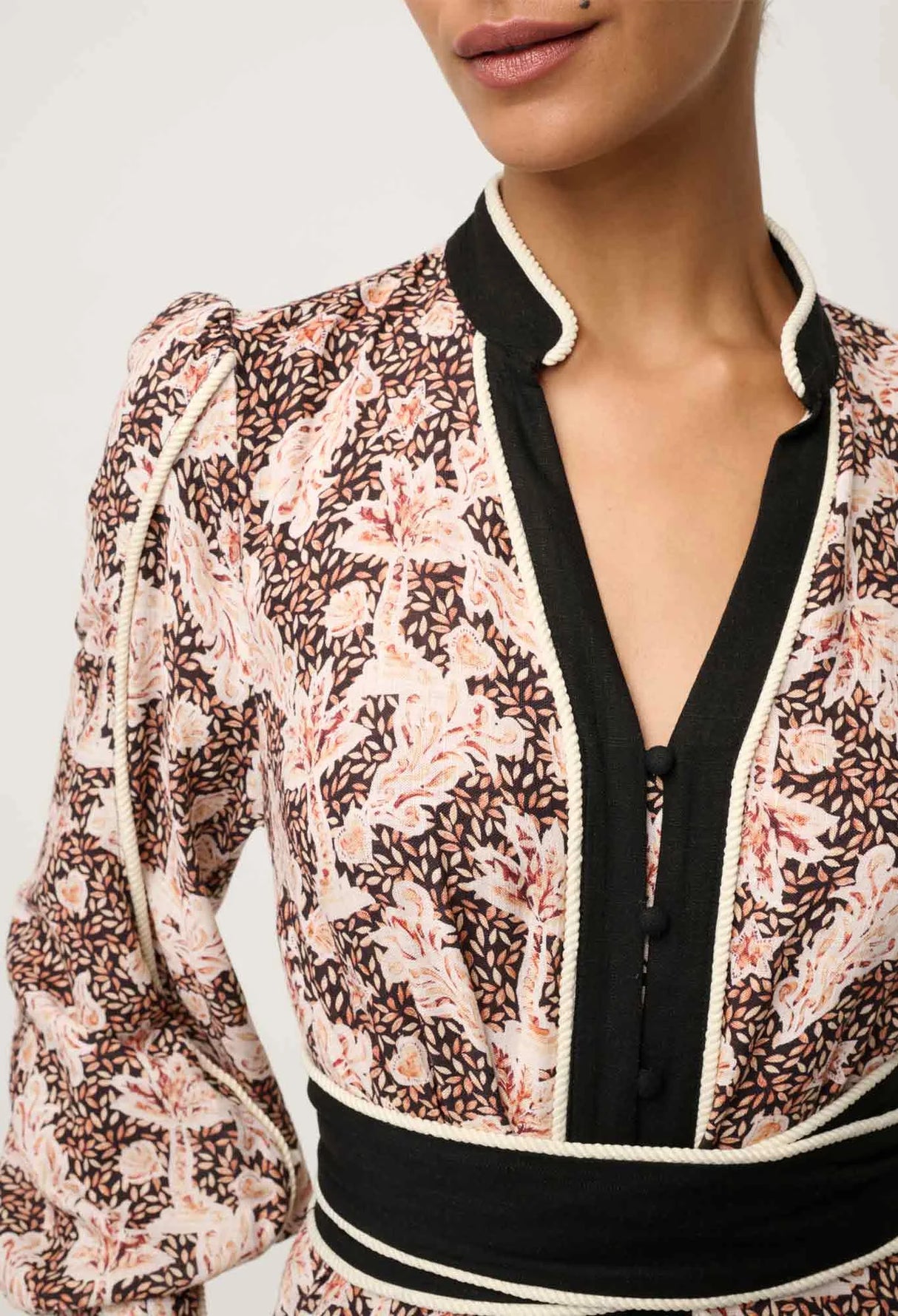 Camille Viscose Linen Curved Hem Placement Embroidered Dress | Russet Palm