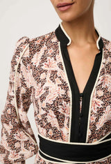 Camille Viscose Linen Curved Hem Placement Embroidered Dress | Russet Palm