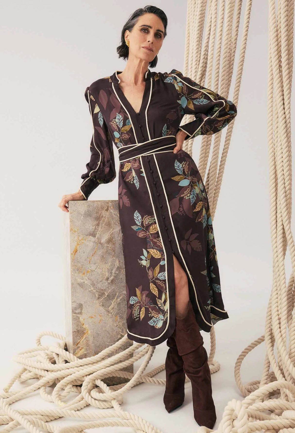 Camille Viscose Faile Curved Hem Rope Detail Dress