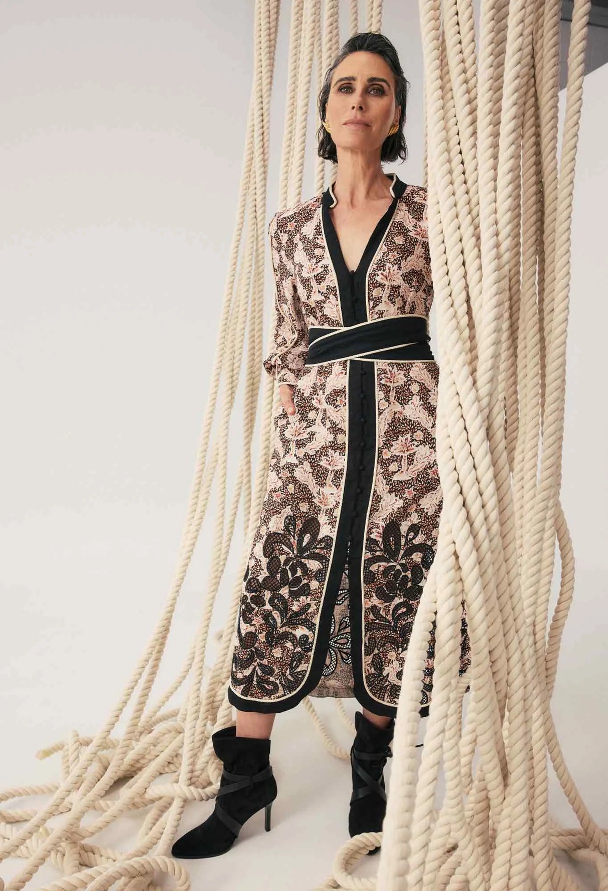 Camille Viscose Linen Curved Hem Placement Embroidered Dress | Russet Palm