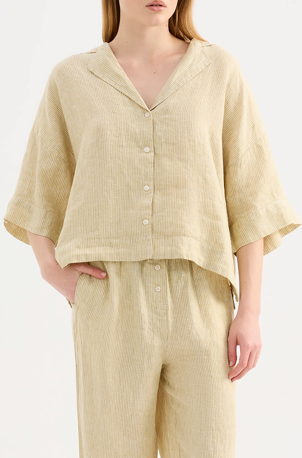 Lounge Stripe Linen Shirt | Moss Stripe