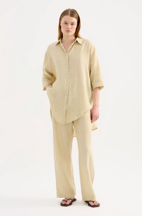 Lounge Stripe Linen Long Shirt | Moss Stripe