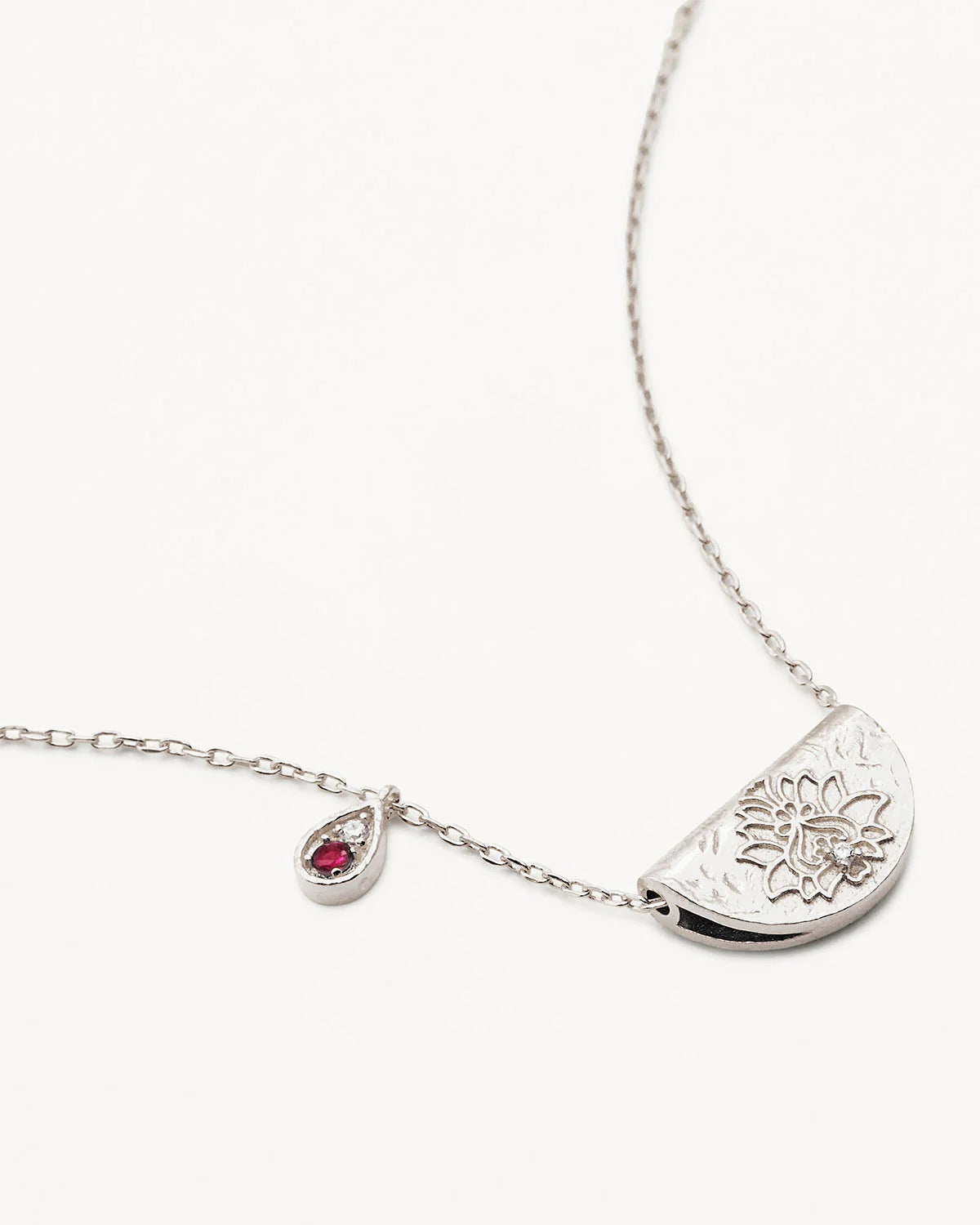 Sterling Silver Lotus Birthstone Necklace - July - Ruby