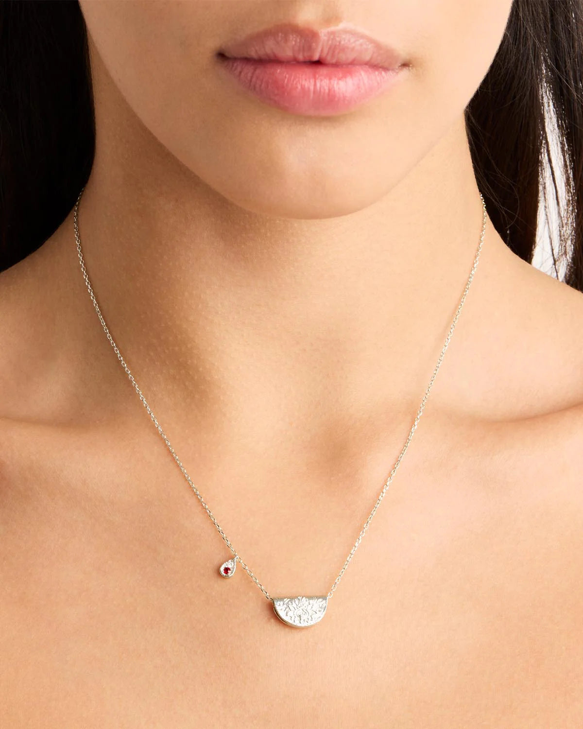 Sterling Silver Lotus Birthstone Necklace - July - Ruby
